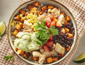 Mexican Rice Bowl with Maple Chicken and Sweet Potatoes